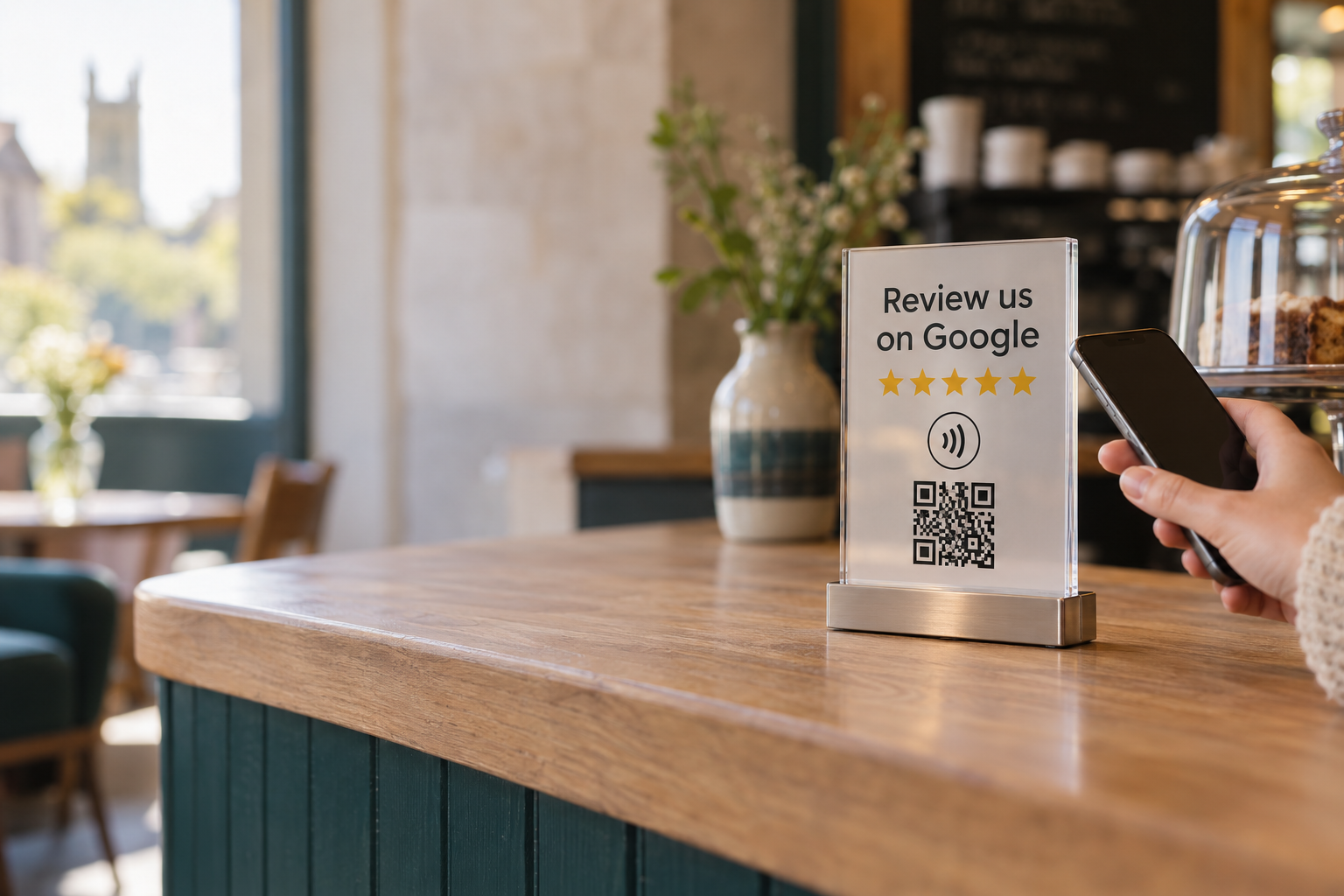A clear TapLocal review plaque on a refined café counter