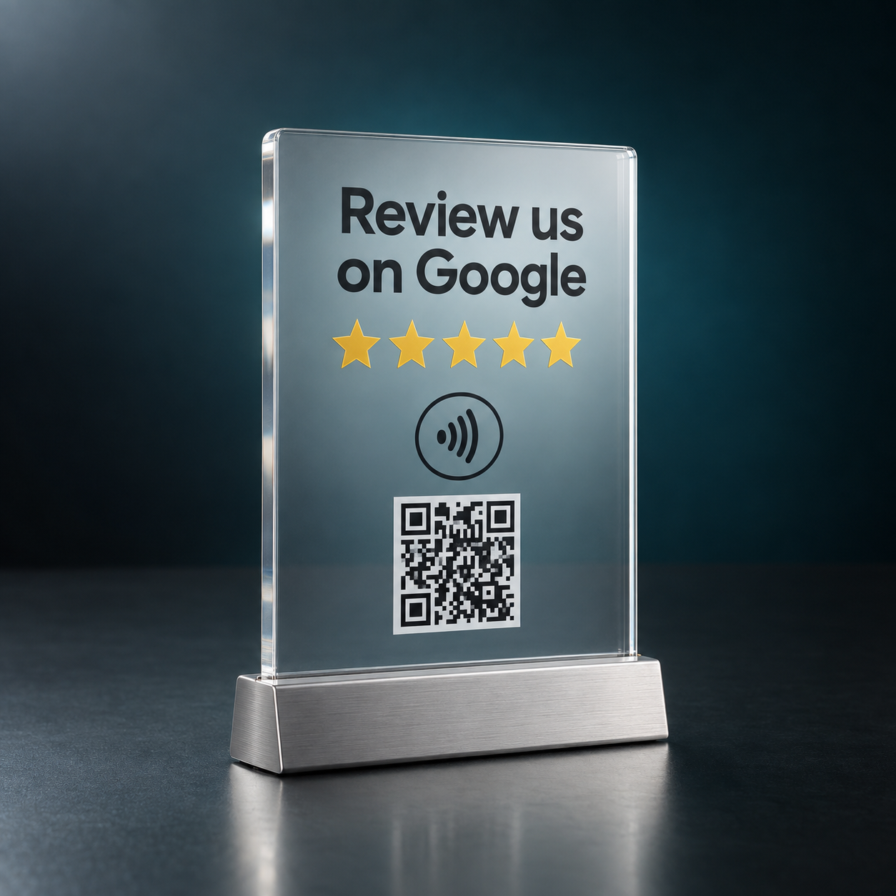 TapLocal clear acrylic NFC review plaque in a premium studio setting
